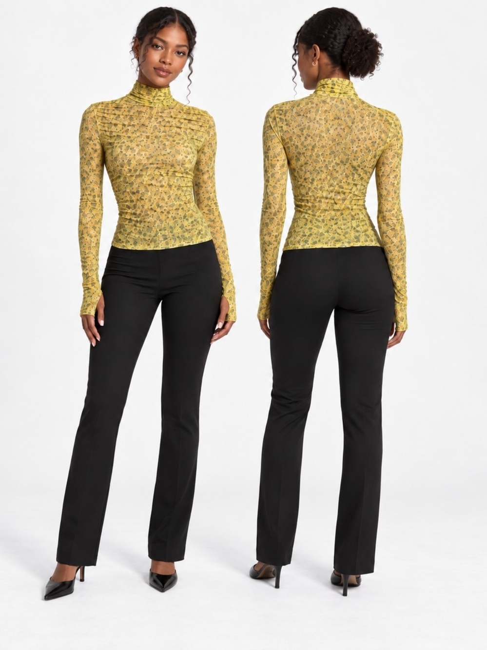 AFRM Yellow Floral Ruched Mesh Mock Neck Long Sleeve Top Size Small